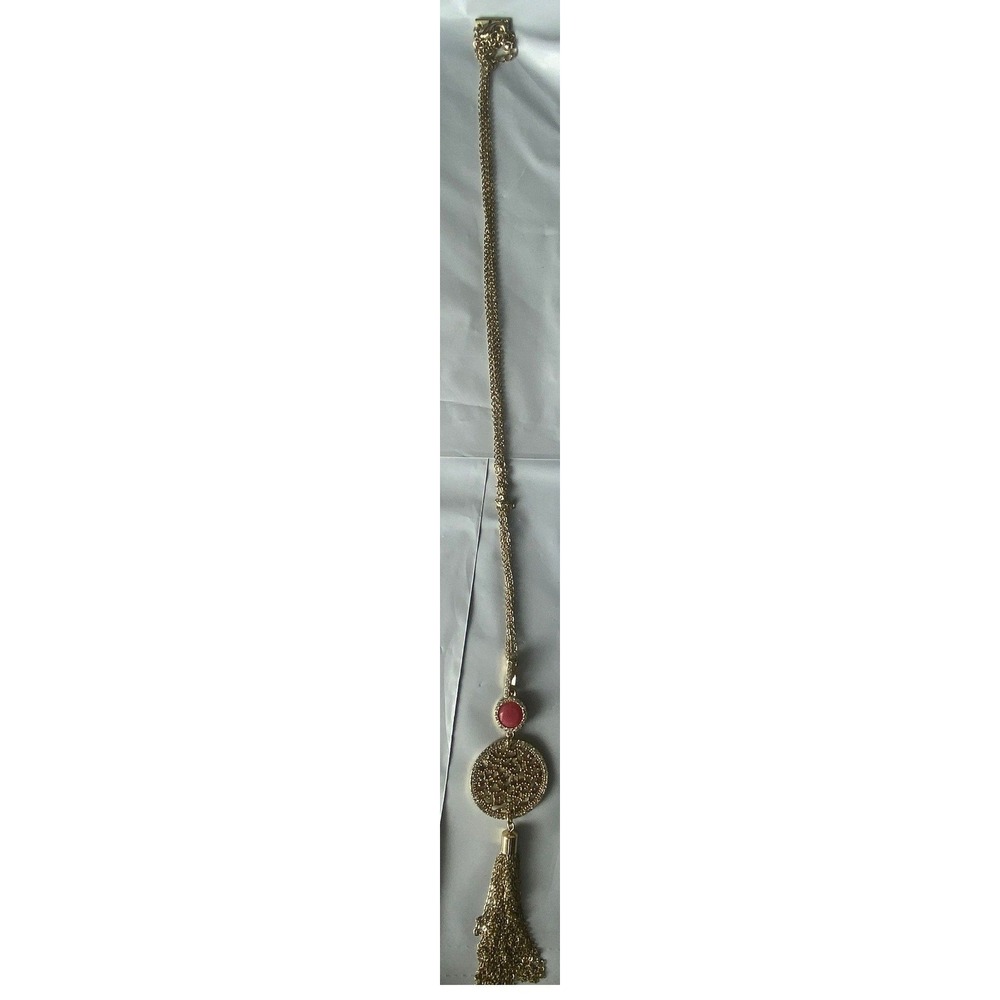 Gold Tone Necklace Tassel‎ Coin Pendant Red Stone Accent Long Chain